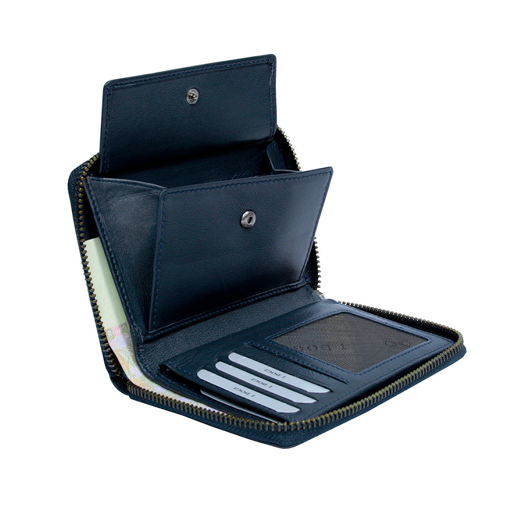 Tony Perotti Cortina 5086 navy opened with the coin pocket flap raised — the card slots, the document window and a banknote in the compartment behind