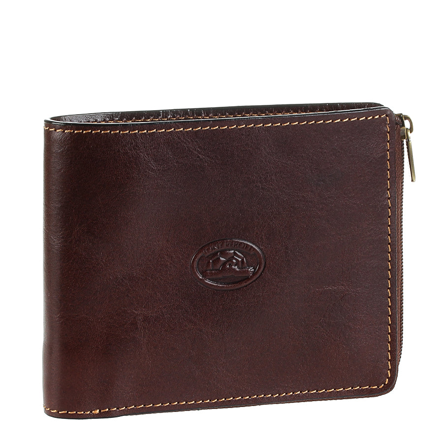 Tony Perotti Italico 3645 moro dark brown leather bifold wallet at an angle with zip pull on the side