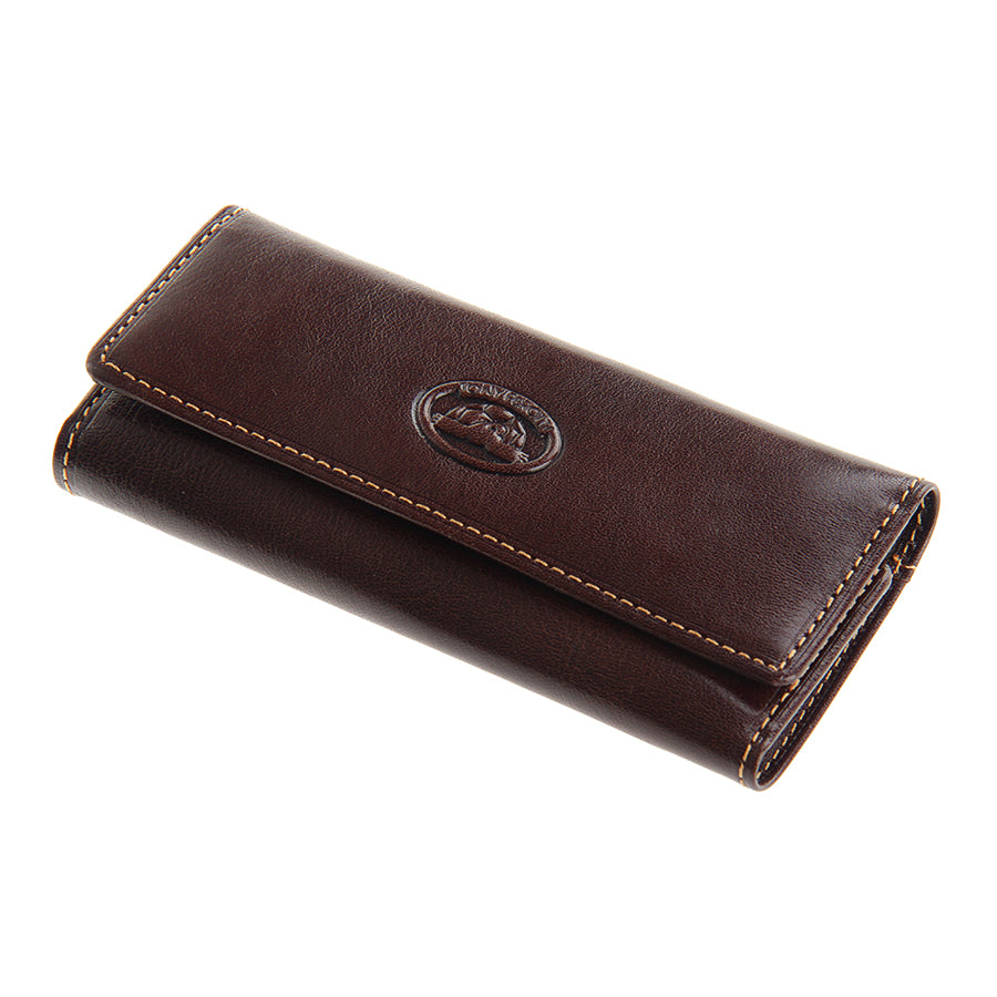 Dark brown leather key case closed, angled view showing the elongated flap — Tony Perotti Italico 344 moro