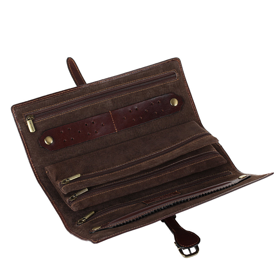 Tony Perotti Italico 1286 moro jewelry case opened — zip pockets, an earring holder with 20 holes and the ring roll on brown velour