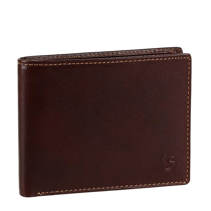 Tony Perotti Viasorte 537 moro dark brown leather bifold wallet standing closed, three-quarter view