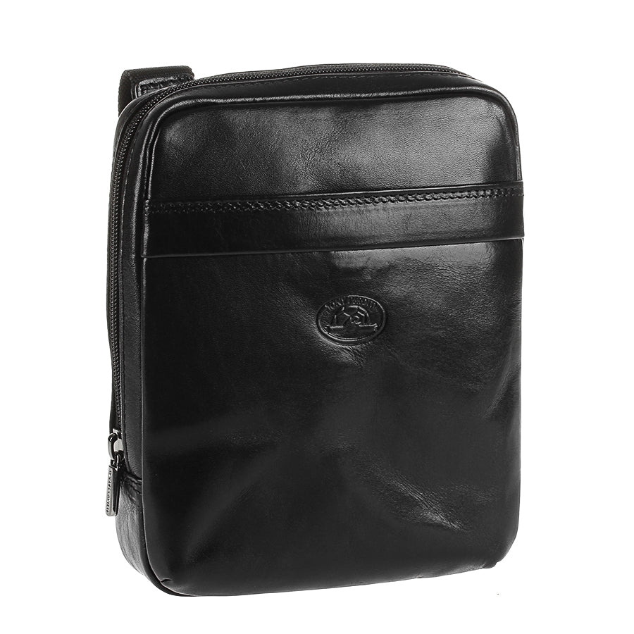 Angled view of the Tony Perotti Italico 6056 black crossbody bag showing glossy full-grain bull leather