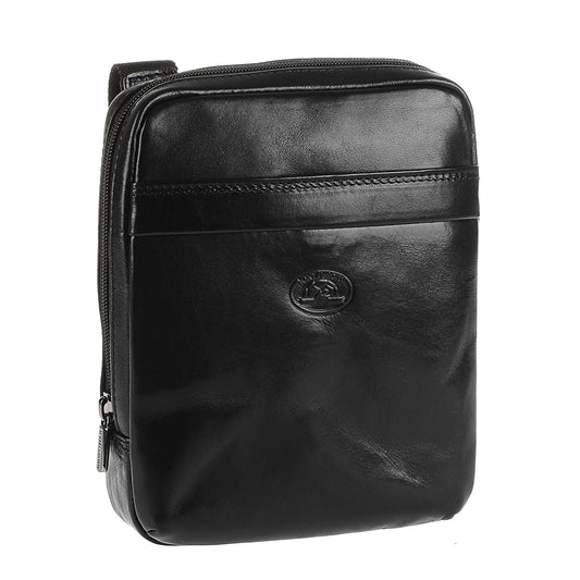 Angled view of the Tony Perotti Italico 6056 black crossbody bag showing glossy full-grain bull leather