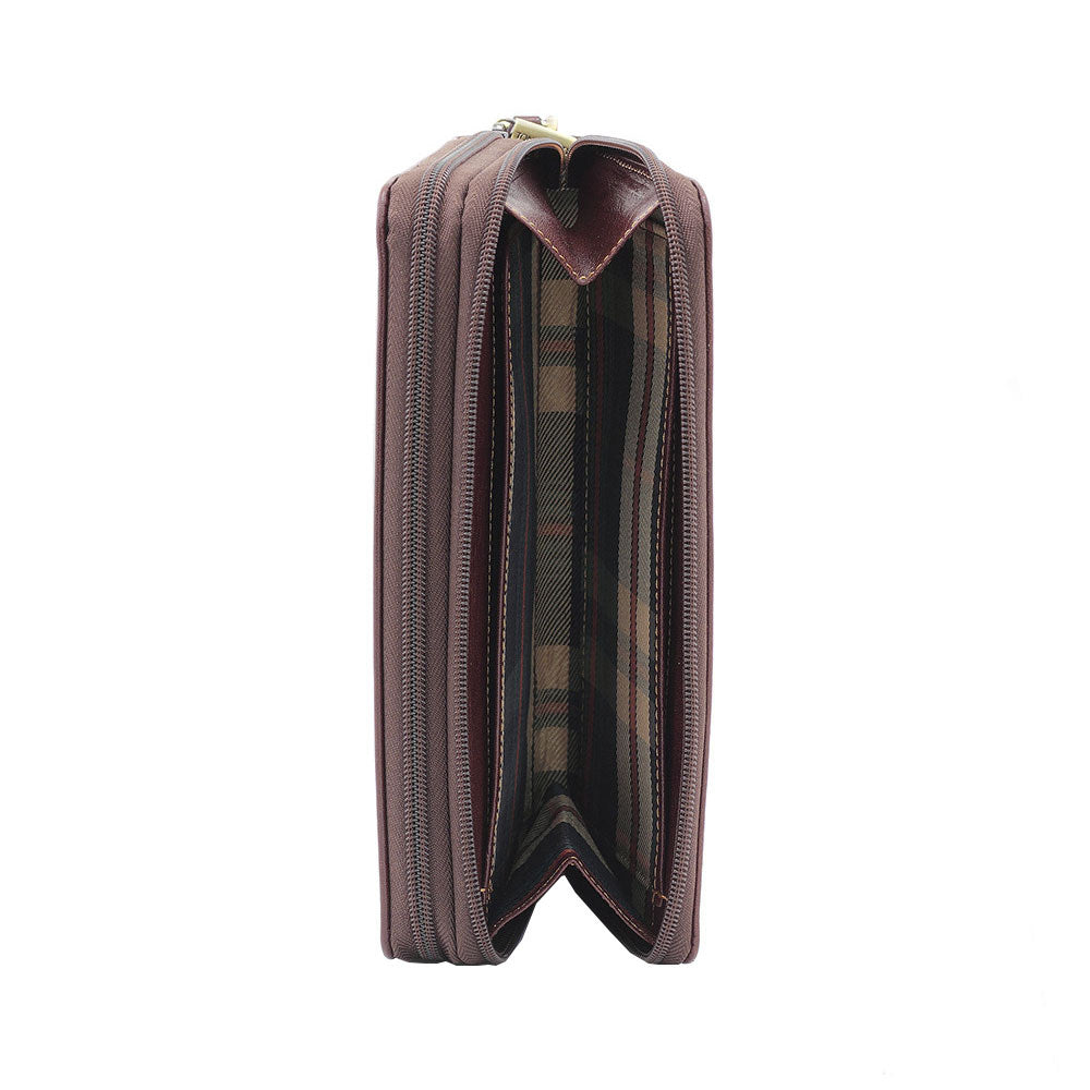 Side view of the dark brown Italico 3668 with a compartment open — branded checked lining