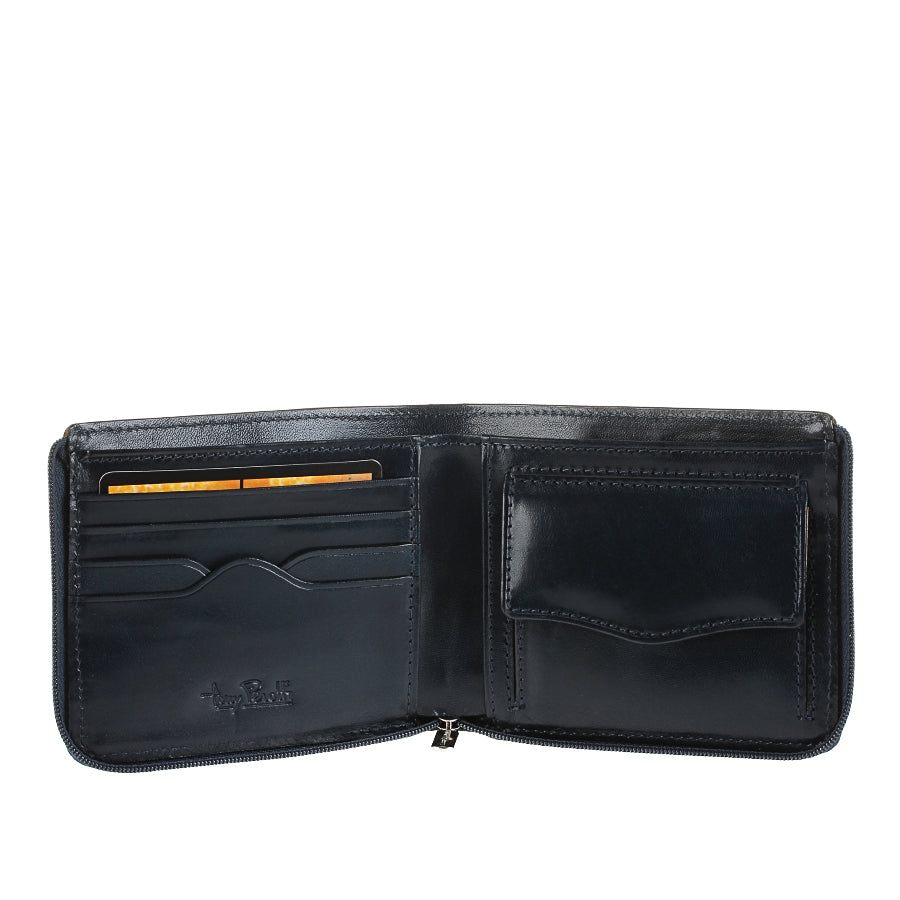 Navy leather wallet Tony Perotti Italico 3645 navy opened — 4 card slots and a flap coin pocket
