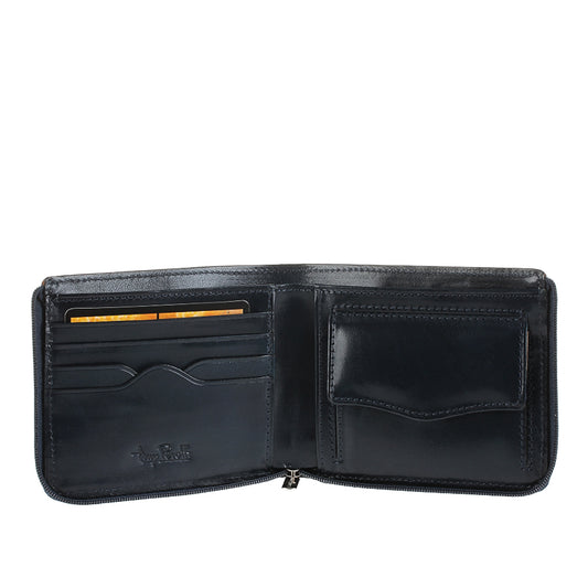 Navy leather wallet Tony Perotti Italico 3645 navy opened — 4 card slots and a flap coin pocket