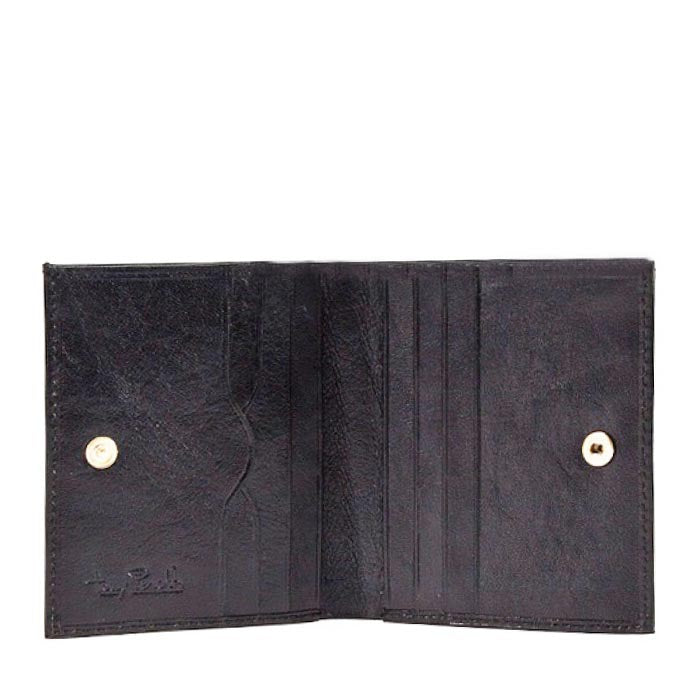 Open black leather compact wallet with card slots — Tony Perotti Italico 1619