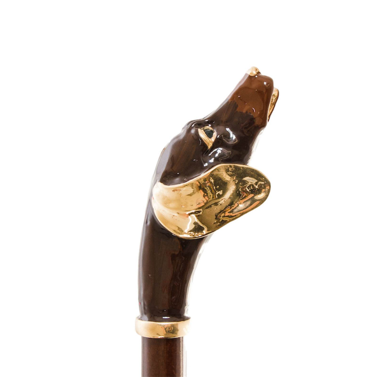 Dachshund head in profile: glossy dark brown enamel and a gold-tone ear