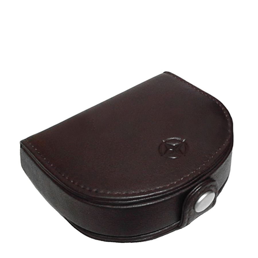 Dark brown leather tray coin pouch Tony Perotti Cortina 5070 moro closed at an angle — flap with the embossed compass rose and the front snap