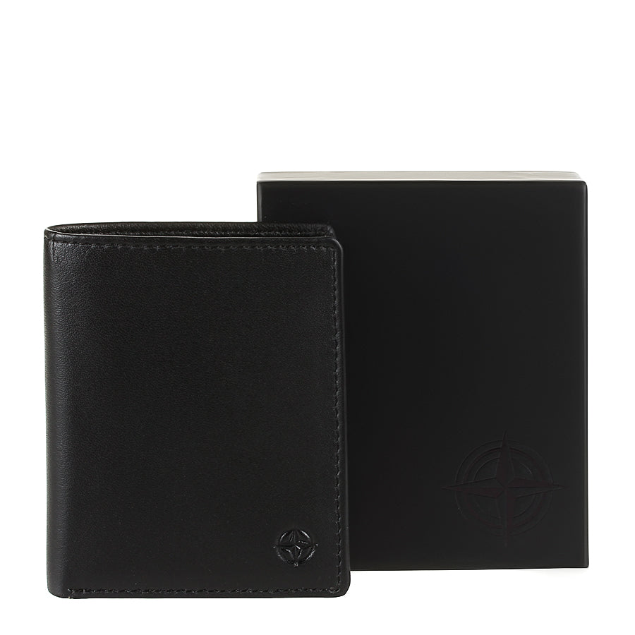 Black Tony Perotti Cortina 5088 nero card wallet beside its black Cortina gift box with the embossed compass rose