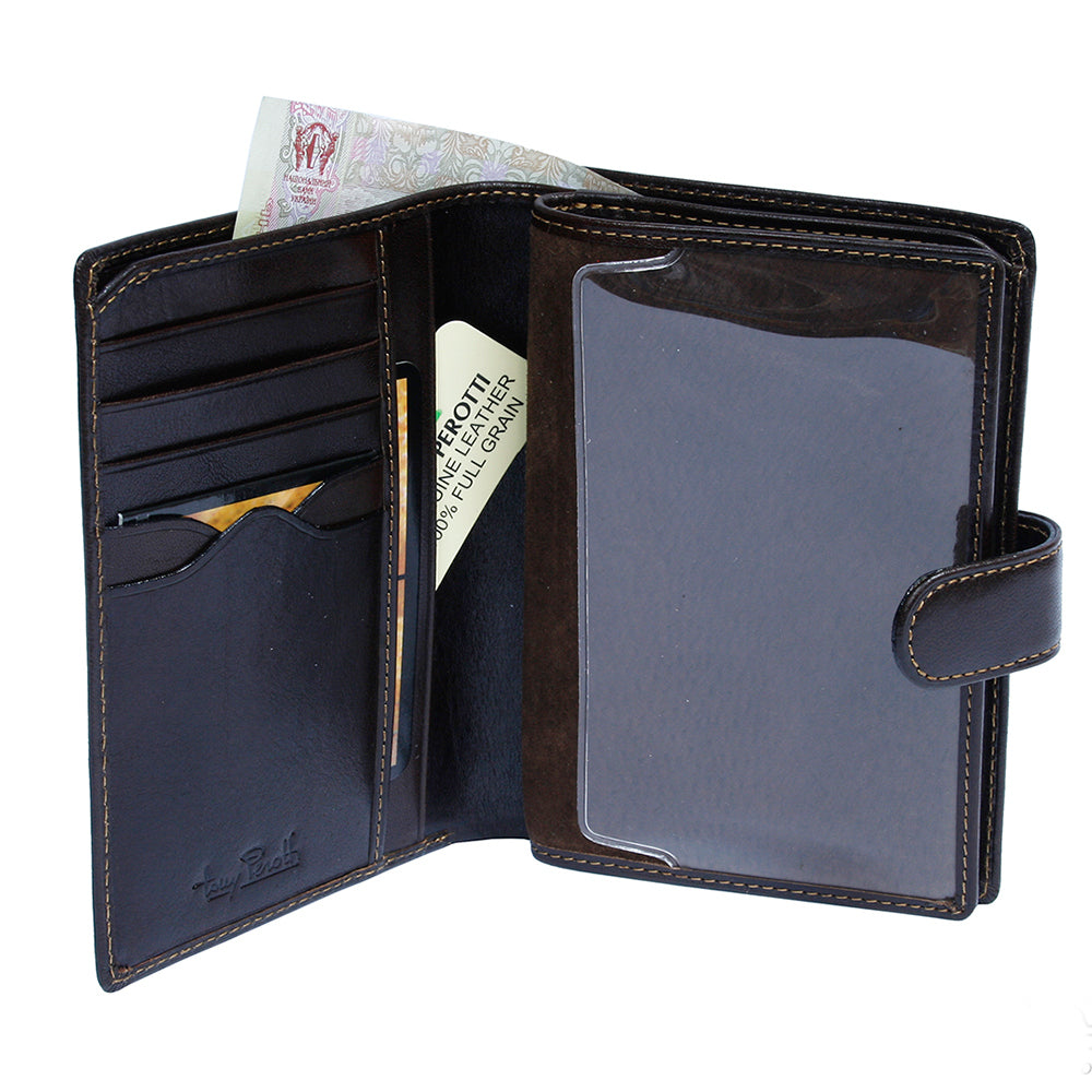 Tony Perotti Italico 2242 moro passport wallet opened at an angle — card slots, slip pockets and the suede-look inner leaf with a clear sleeve