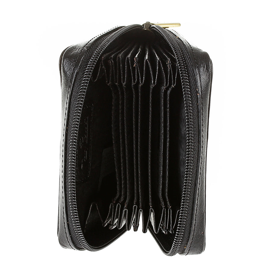 Tony Perotti Italico 1582 nero — unzipped and open, the concertina of leather card slots fanned out inside