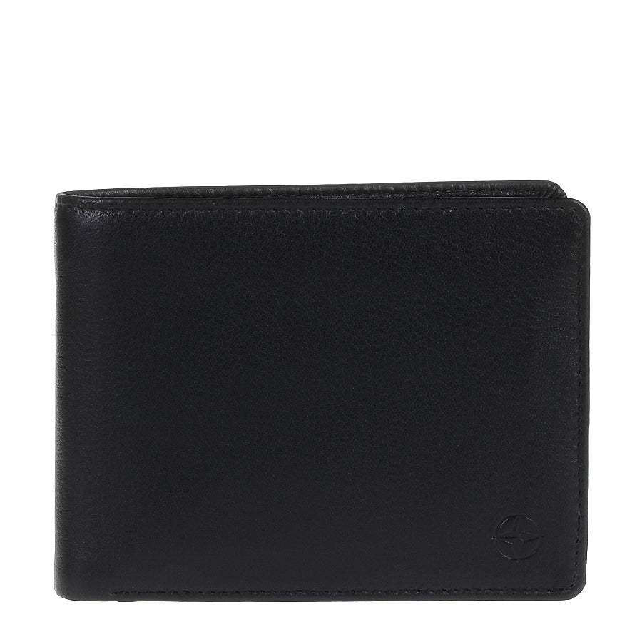 Black Tony Perotti Cortina 5053 leather bifold wallet seen straight on, closed, with the embossed compass rose in the lower corner