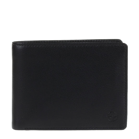 Black Tony Perotti Cortina 5053 leather bifold wallet seen straight on, closed, with the embossed compass rose in the lower corner