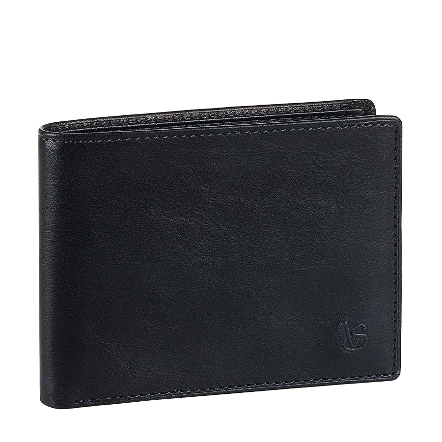 Tony Perotti Viasorte 537 navy leather bifold wallet standing closed, three-quarter view