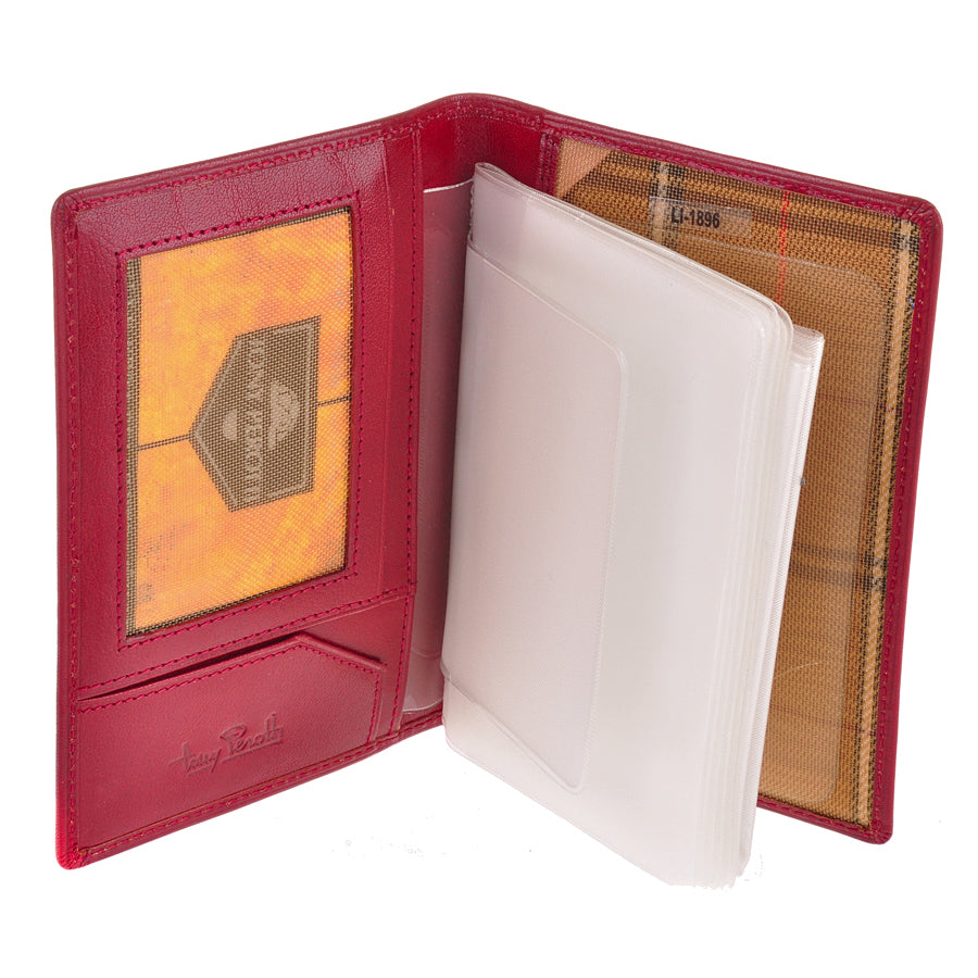 Red document holder Tony Perotti Italico 1896 rosso opened — window pocket and slots on the left, clear sleeve booklet in the centre, checked lining on the right