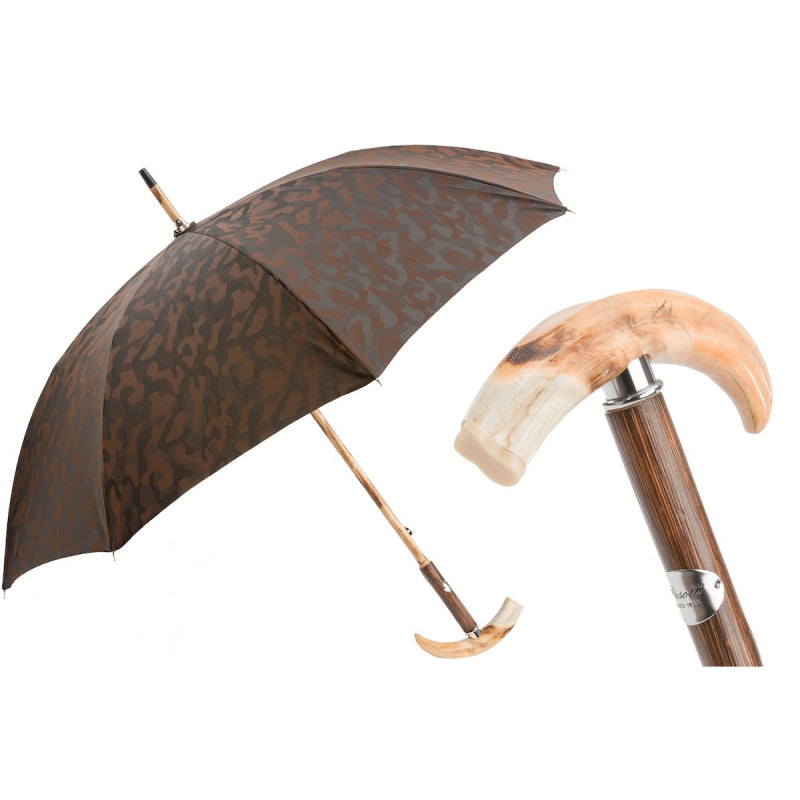 Pasotti men's brown camouflage umbrella with warthog tusk handle, open, with a close-up of the handle — 142 11780-11 DF