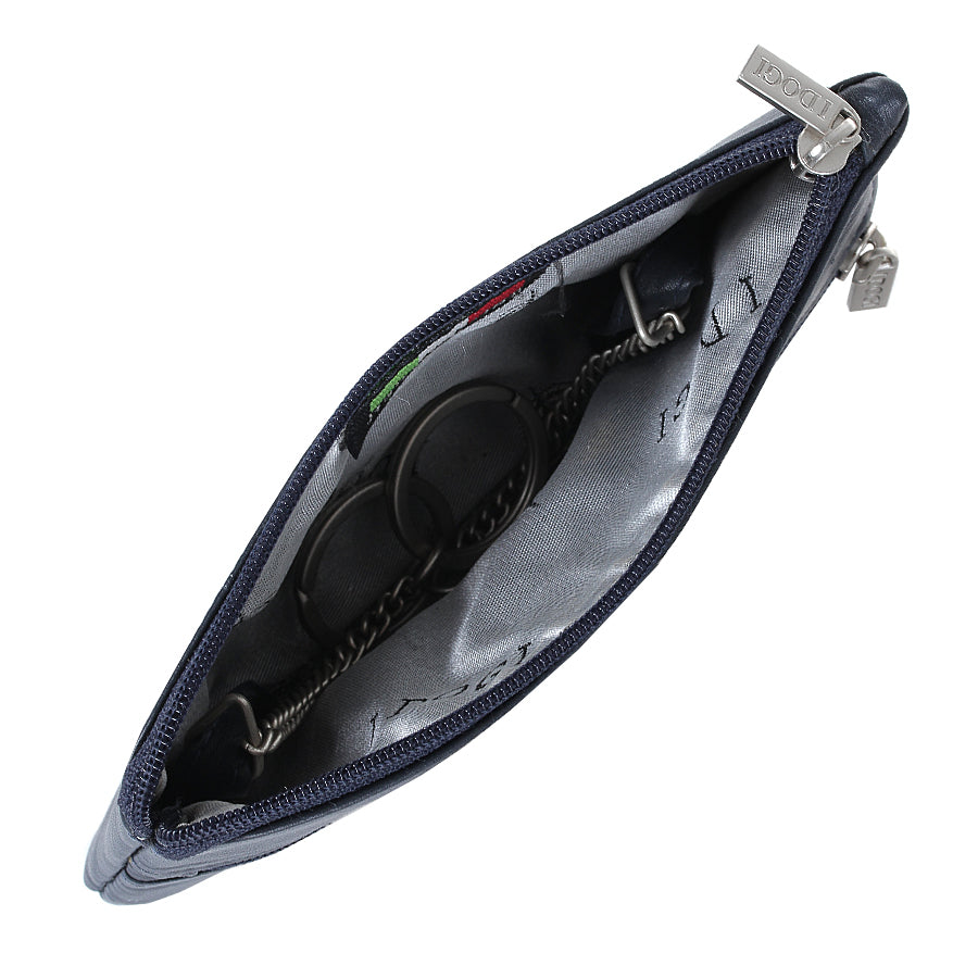 Tony Perotti Cortina 5021 navy — main compartment open: grey woven «I DOGI» lining, «Italian design» label and two key rings on metal chains