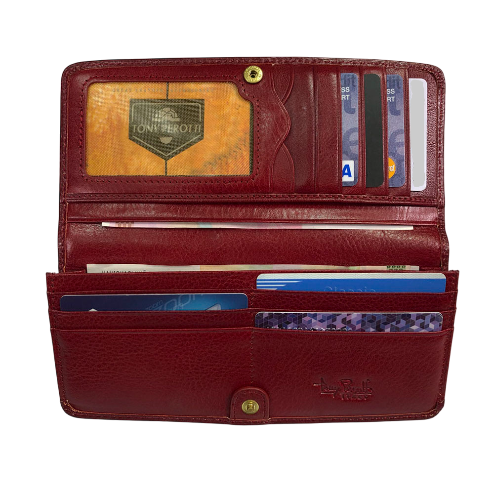 Open Tony Perotti red wallet showing extended card system and bill sections