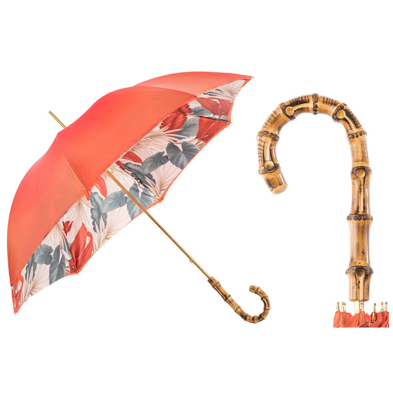Pasotti women's coral umbrella with tropical leaf print and bamboo handle, open, with a close-up of the handle — 189 5Z066-4 Z20