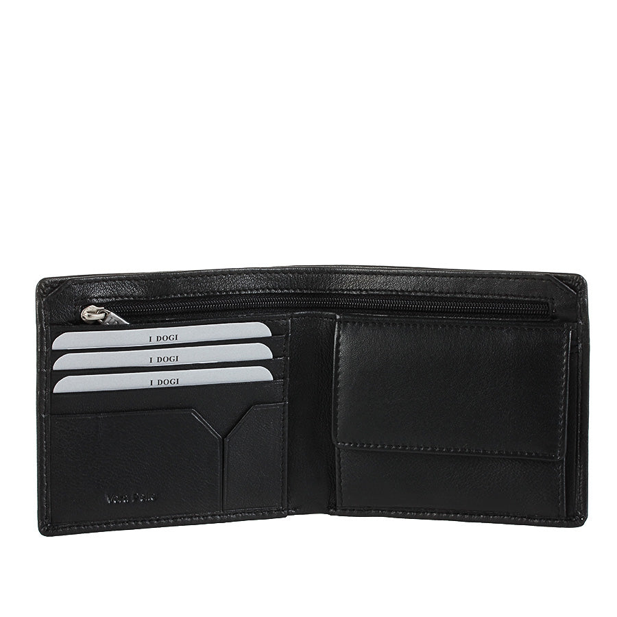 Black Cortina 5047 wallet open showing card slots, zip pocket and the snap coin pocket