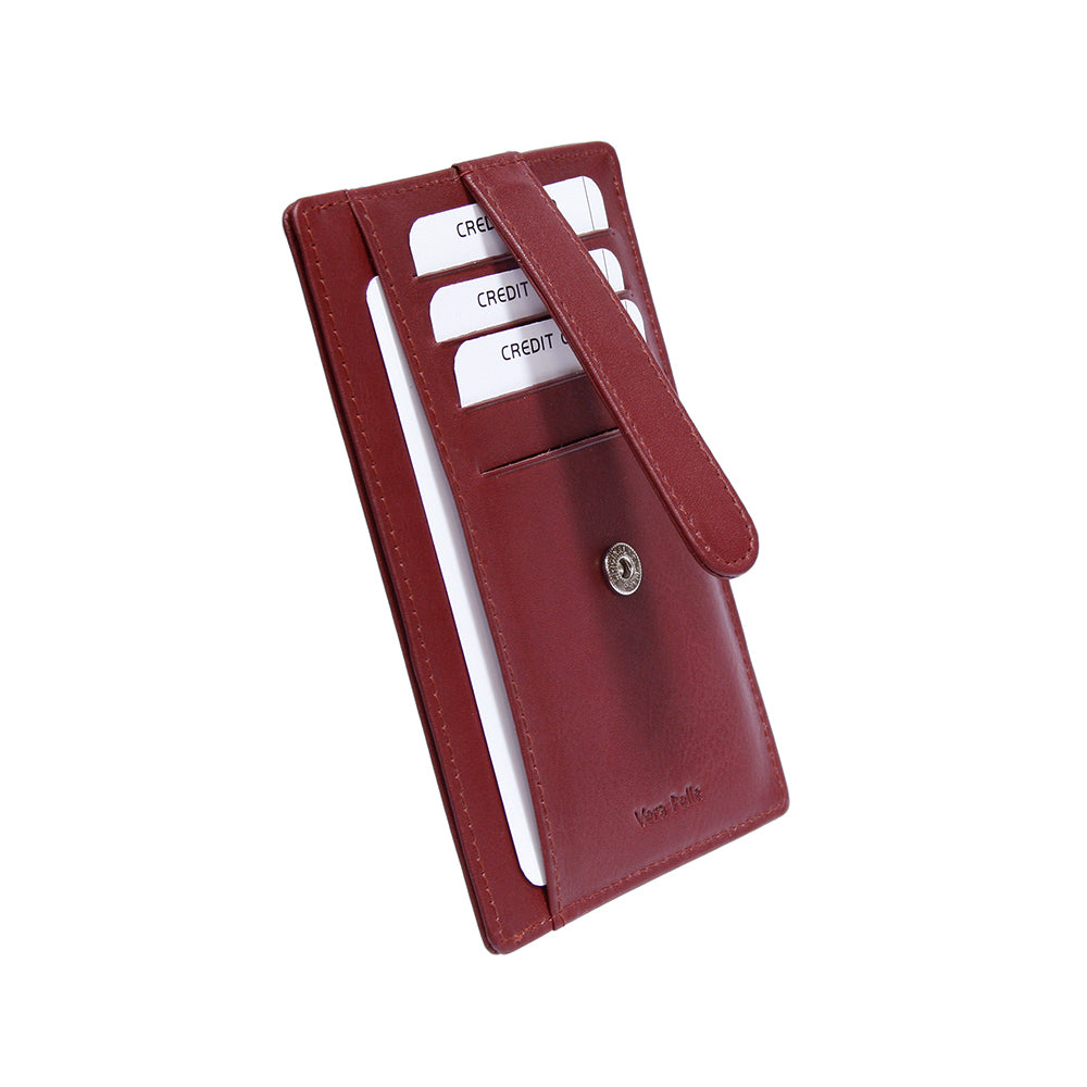 Tony Perotti Cortina 5001 rosso — at an angle: the strap folded over the top edge onto its silver press stud, the four card slots and the slip pocket below them