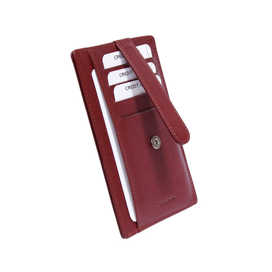 Tony Perotti Cortina 5001 rosso — at an angle: the strap folded over the top edge onto its silver press stud, the four card slots and the slip pocket below them