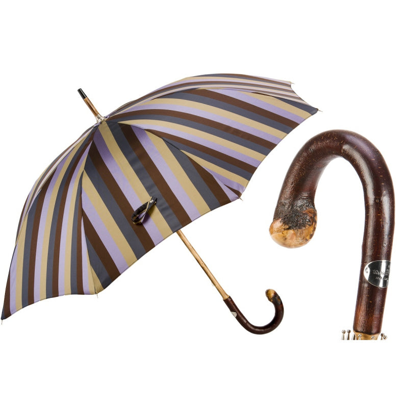Pasotti men's multicolor striped umbrella with one-piece chestnut handle, open, with a close-up of the handle — 142 6496-12 CBR