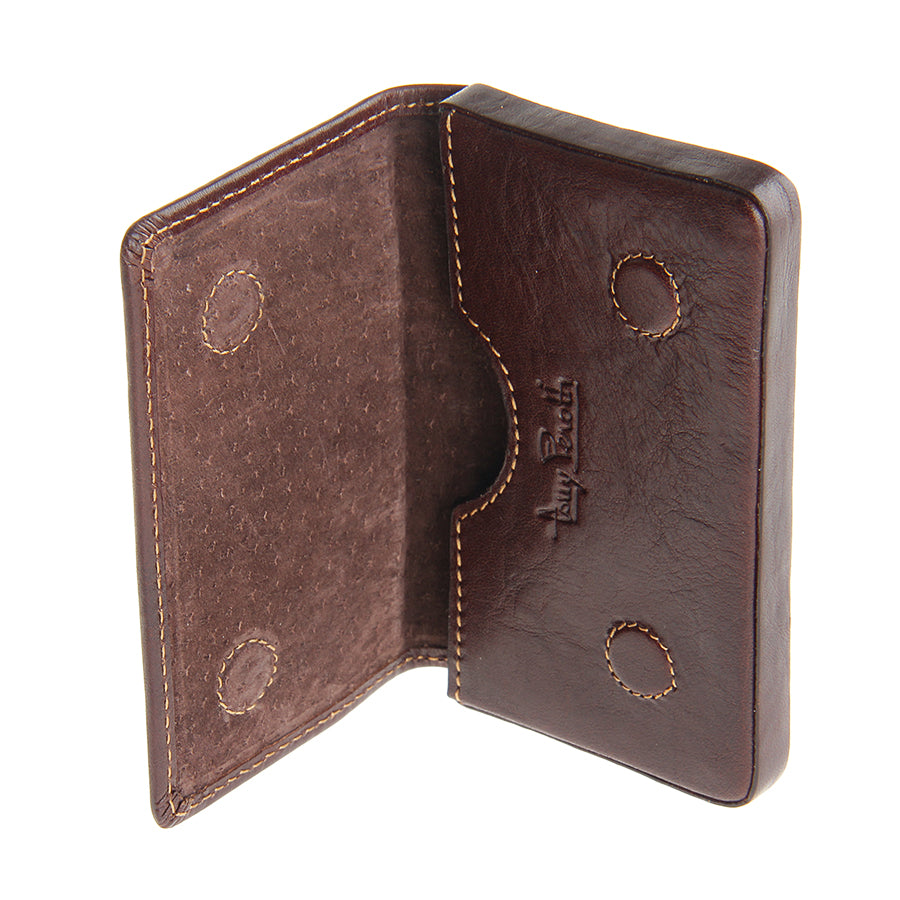 Dark brown leather business card holder open, upright view with embossed Tony Perotti signature — Italico 2678 moro