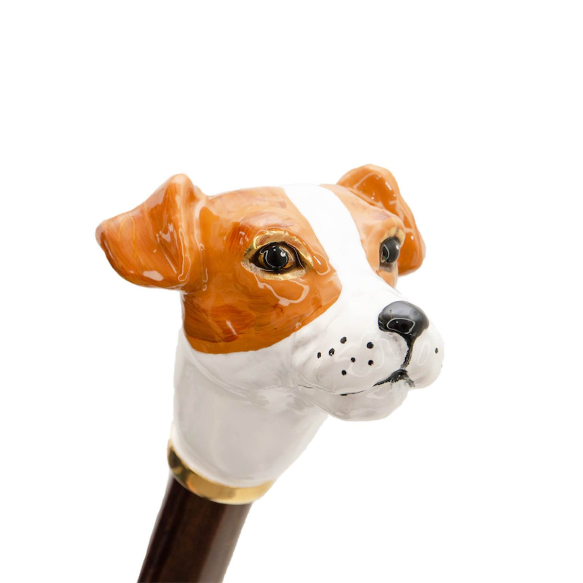 Enameled Jack Russell head with gold-tone eye outlines above a gold-tone collar, handcrafted in Italy
