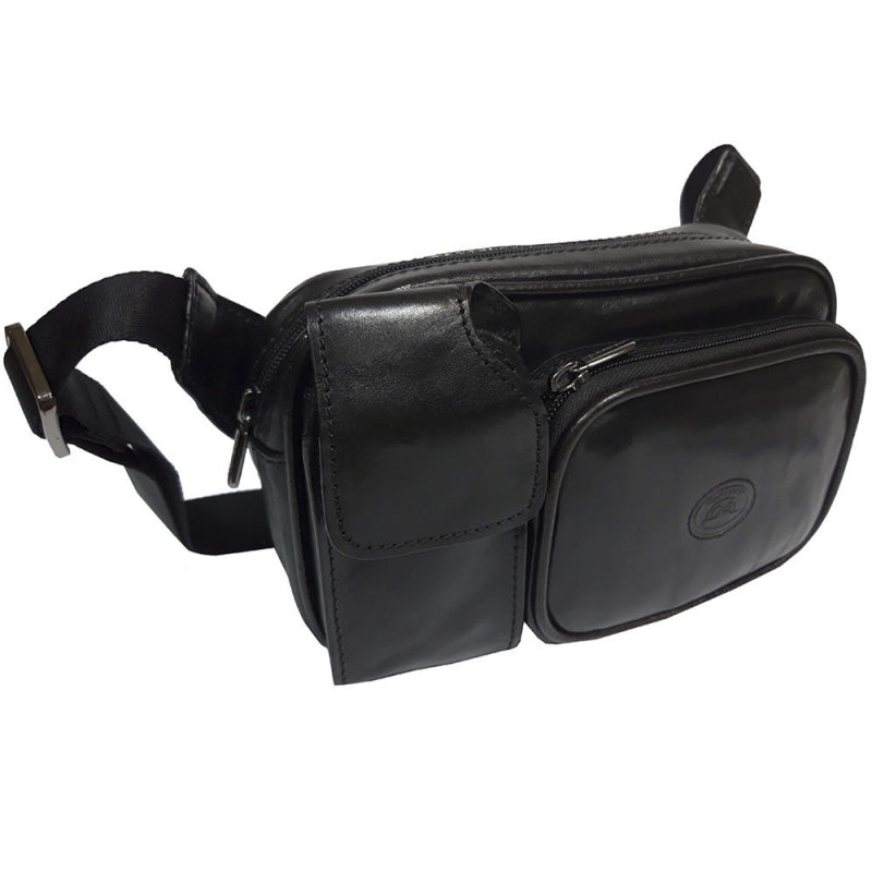 Black Tony Perotti Italico 8606 leather waist bag at an angle — rounded front zip pocket with the embossed oval badge and the flap pocket beside it