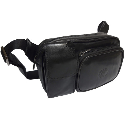 Black Tony Perotti Italico 8606 leather waist bag at an angle — rounded front zip pocket with the embossed oval badge and the flap pocket beside it