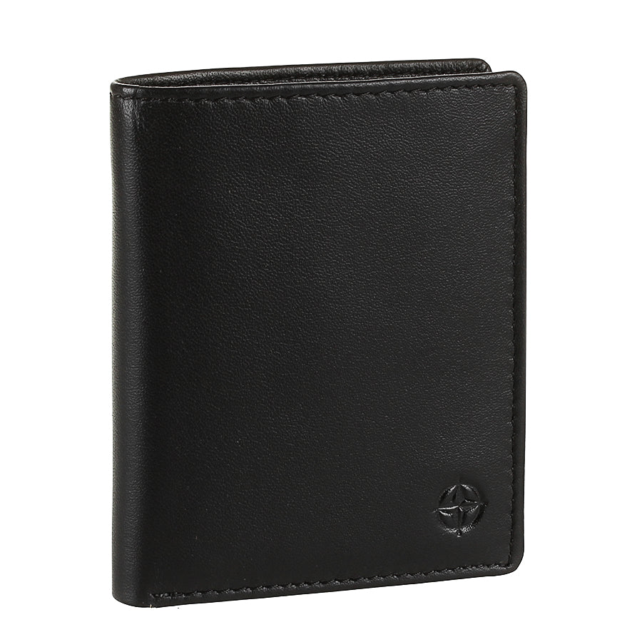 Black leather card wallet Tony Perotti Cortina 5088 nero closed at an angle — vertical bifold with the embossed compass rose