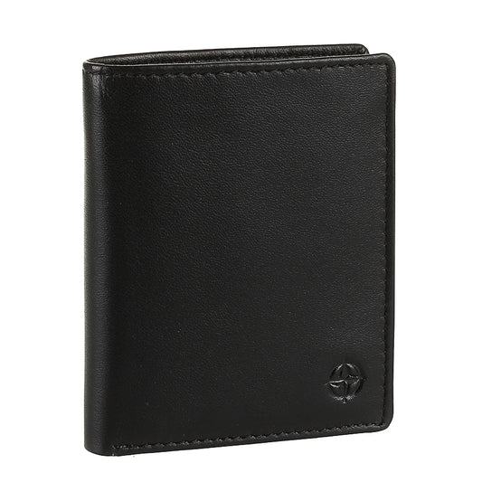 Black leather card wallet Tony Perotti Cortina 5088 nero closed at an angle — vertical bifold with the embossed compass rose