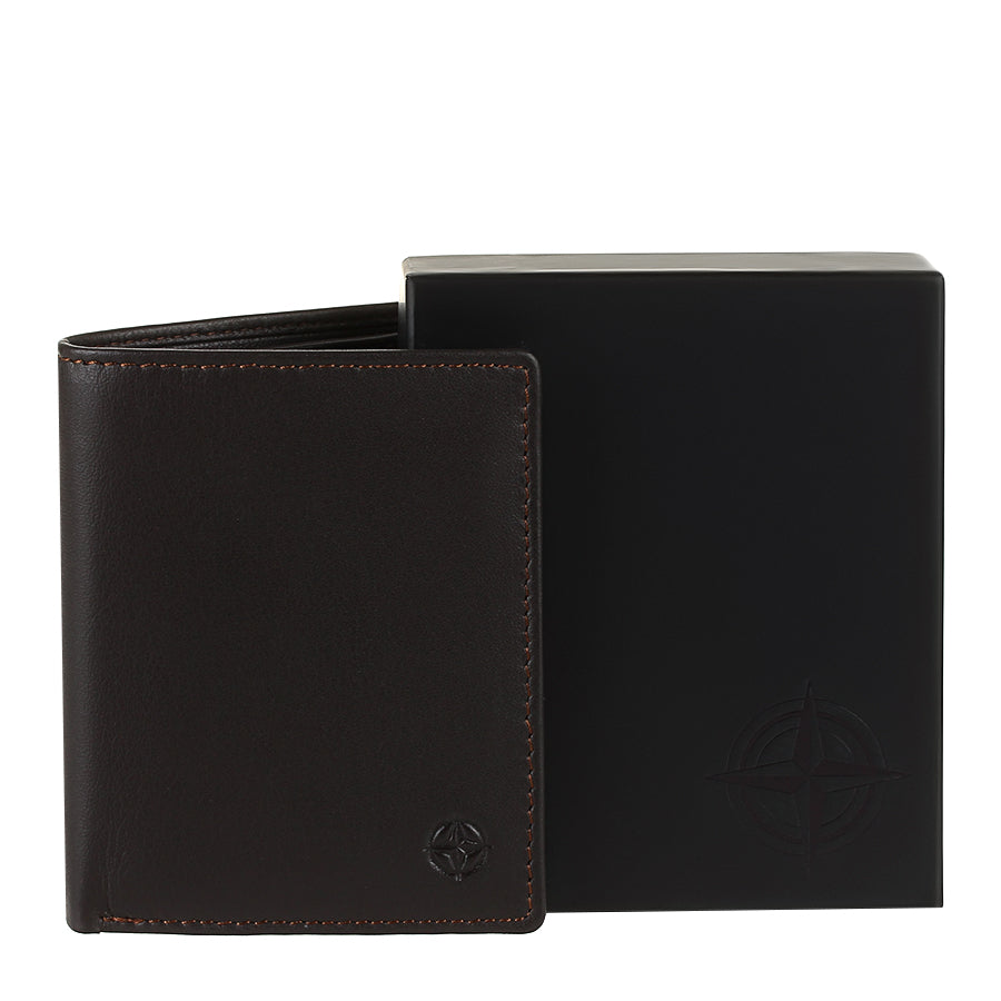 Dark brown Tony Perotti Cortina 5088 moro card wallet beside its black Cortina gift box with the embossed compass rose