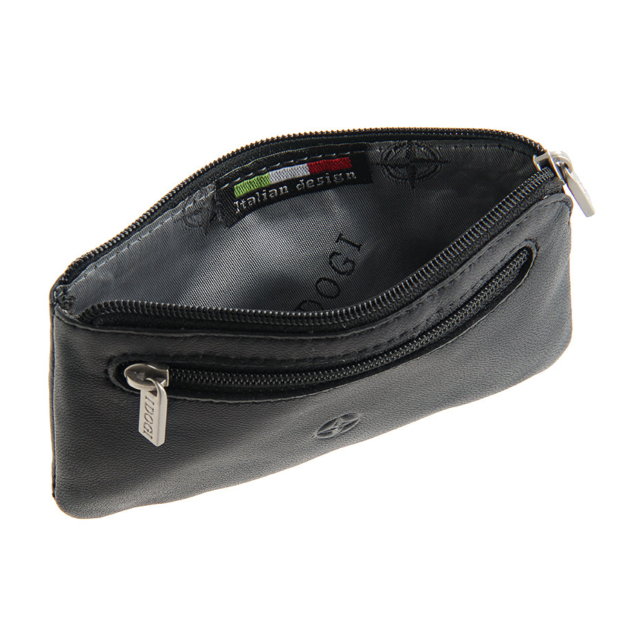 Open black leather key pouch showing the I DOGI woven lining and Italian design label — Cortina 5002 nero