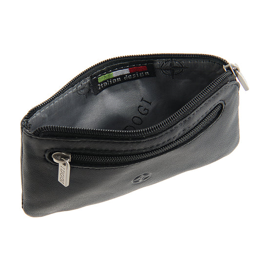 Open black leather key pouch showing the I DOGI woven lining and Italian design label — Cortina 5002 nero