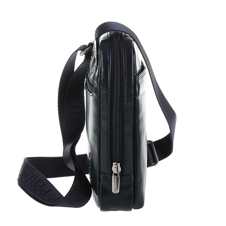 Side profile of the navy Italico 6056 bag — main zip running along the side and navy strap