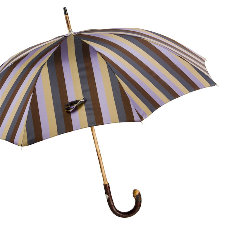 Open striped umbrella from the side with chestnut shaft and crook handle