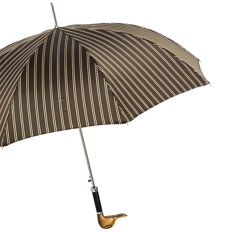 Open brown umbrella with cream pinstripes from the side, silver-tone shaft and duck handle