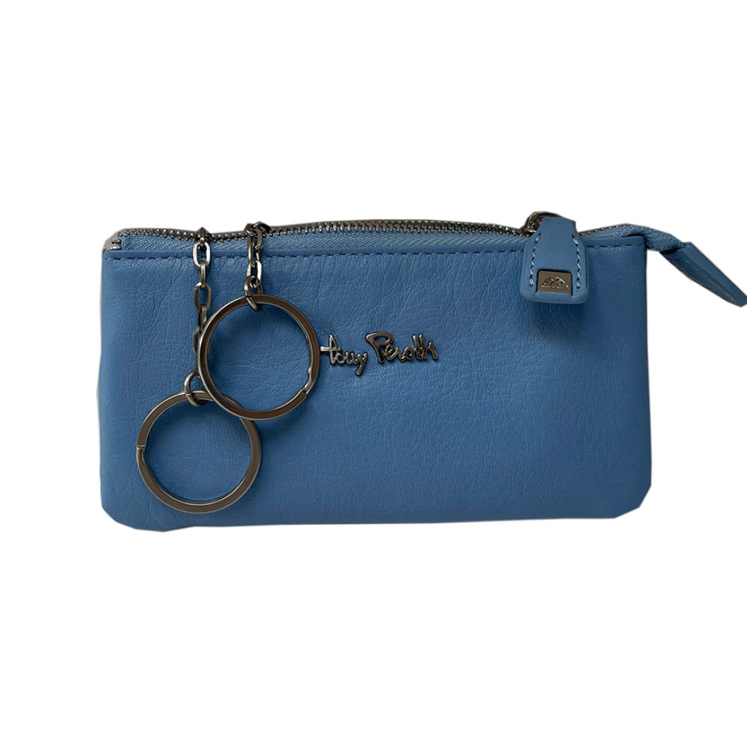 Tony Perotti Contatto 3350 baby — blue leather key pouch with the two rings on chains pulled out and the silver Tony Perotti script on the front