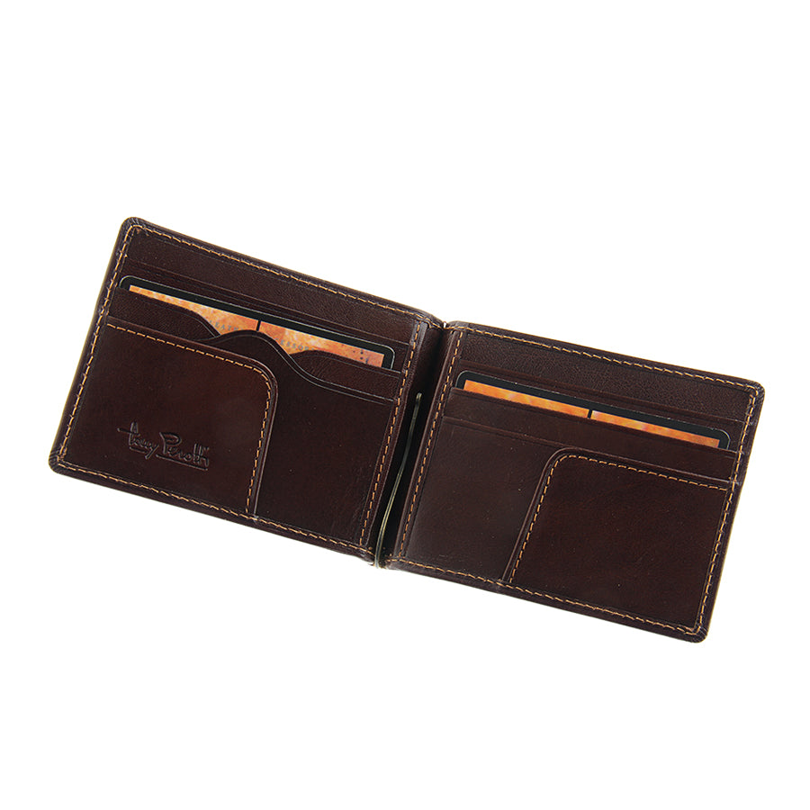 Tony Perotti Italico 2312 moro dark brown leather money clip wallet open flat — card slots on both sides with branded insert cards and the embossed Tony Perotti signature