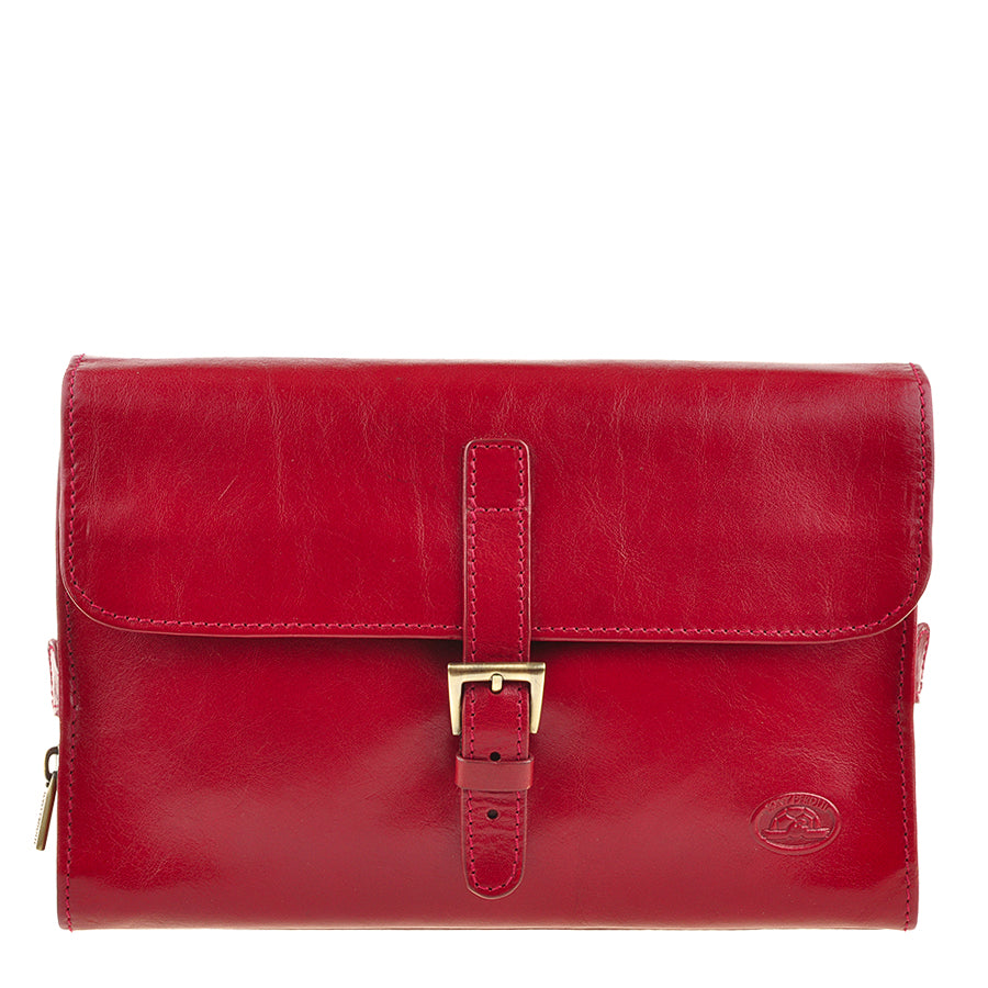 Red leather toiletry bag flap with leather strap and brass buckle — Tony Perotti Italico 8707