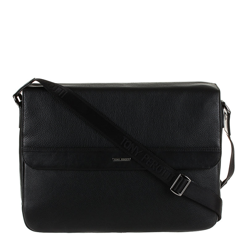 Tony Perotti New Contatto 6036 nero black leather laptop messenger bag, front view with shoulder strap