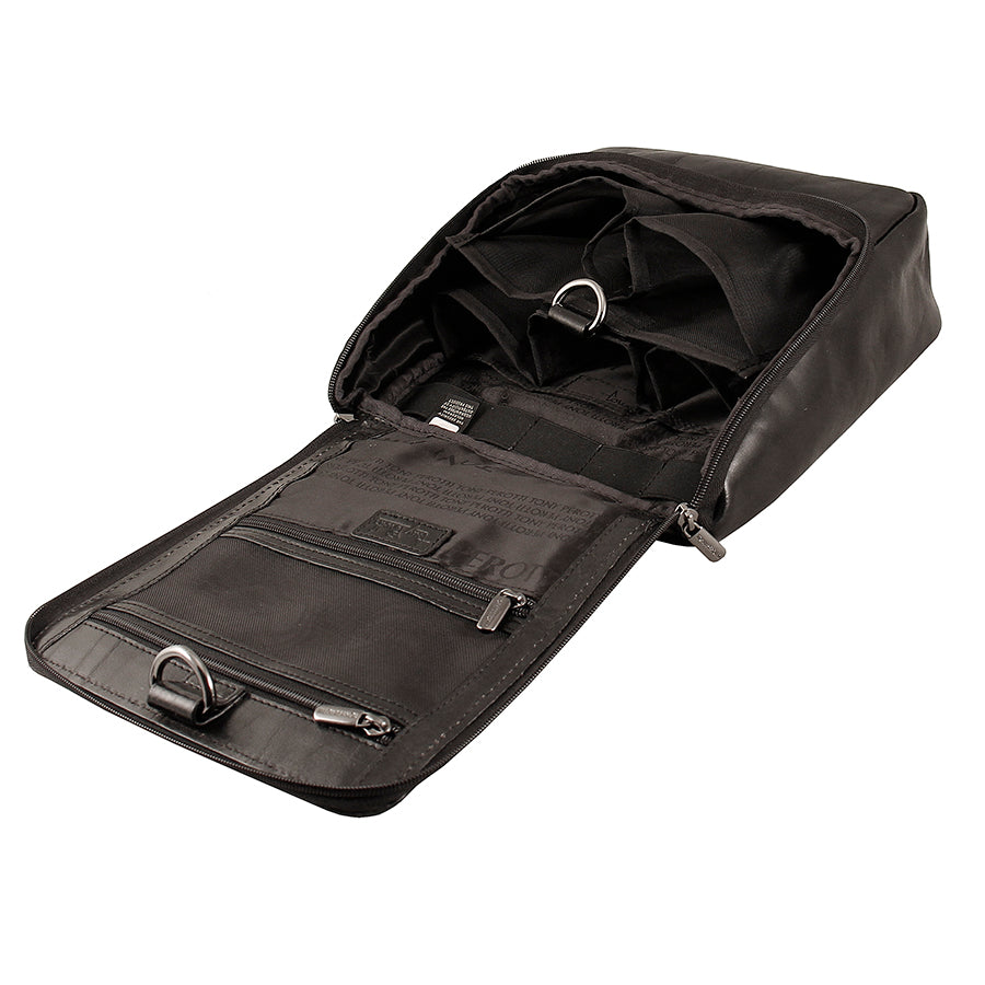 Tony Perotti Italico 8220 nero toiletry bag opened flat — bottle pockets, elastic loops and branded lining