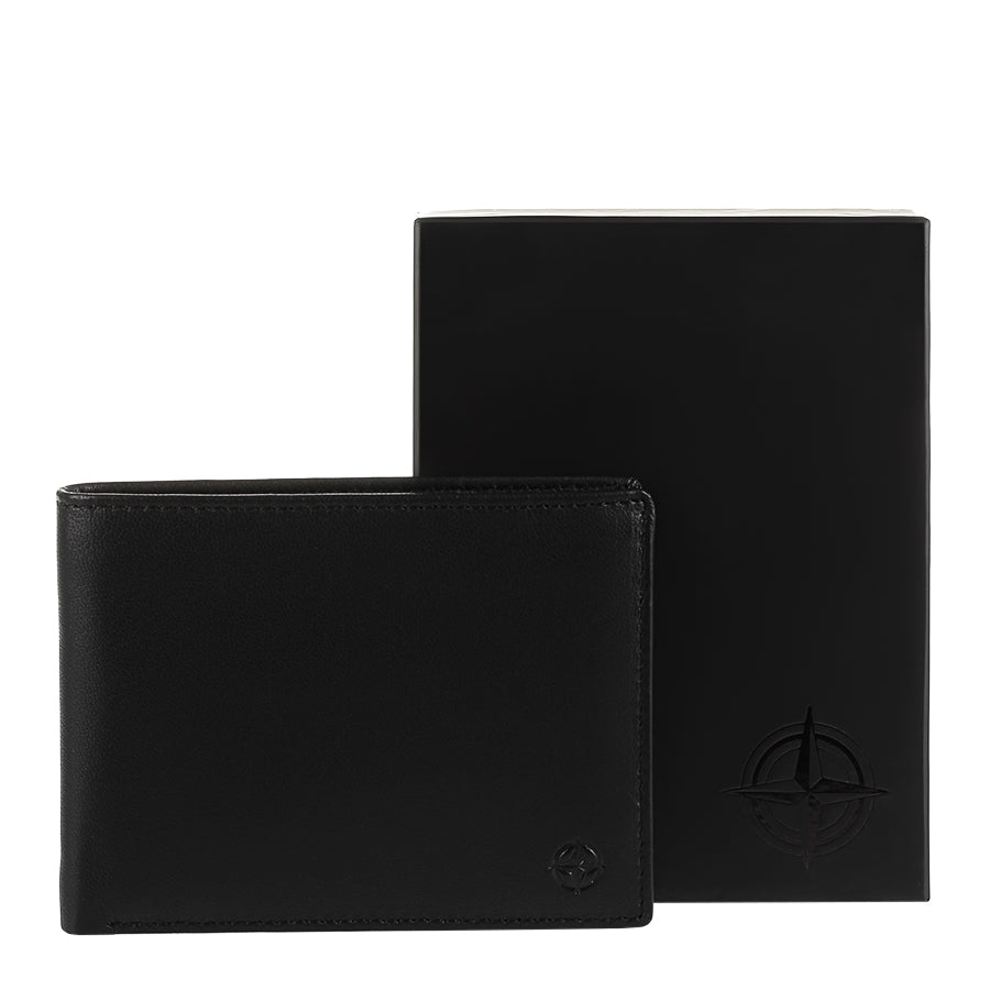 Black Tony Perotti Cortina 5013 wallet next to its black Cortina gift box with the embossed compass rose