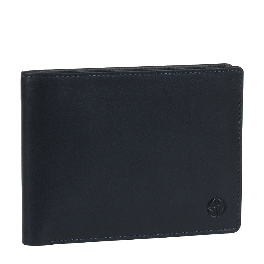 Navy Tony Perotti Cortina 5014 bifold wallet standing at a three-quarter angle, closed