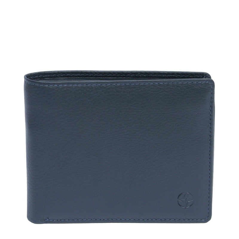 Navy Tony Perotti Cortina 5053 leather bifold wallet seen straight on, closed, with the embossed compass rose in the lower corner