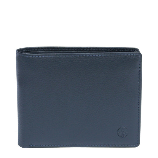 Navy Tony Perotti Cortina 5053 leather bifold wallet seen straight on, closed, with the embossed compass rose in the lower corner