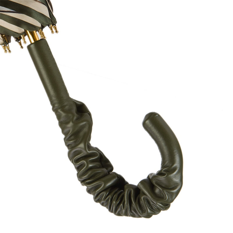 Ruched olive green leather crook handle, close-up, handcrafted in Italy